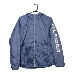 Tommy Hilfiger Sport Packable Windbreaker Jacket Hooded Blue Mens Size Medium